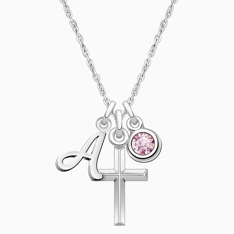 Holy Cross, Children’s Personalized Necklace Set for Girls (Includes Cross, Initial, and Birthstone Charms) – Sterling Silver