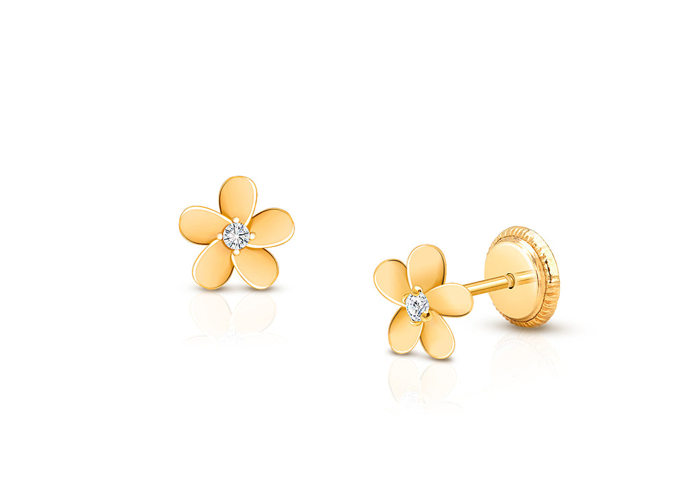 Forget Me Not, Clear CZ Flower Baby/Children’s Earrings, Screw Back – 14K Gold