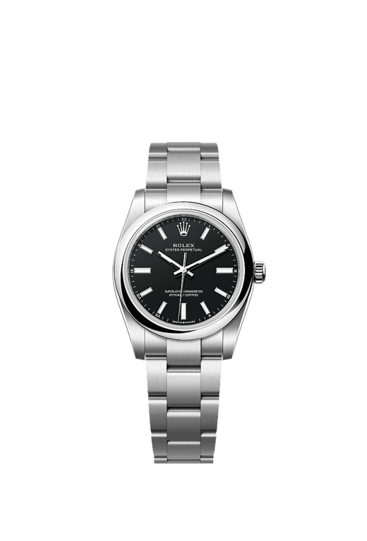 Unworn 2025, Oyster Perpetual, Oystersteel, 34mm, Black dial, Domed Oyster, Ref# 124200-0010, box and papers