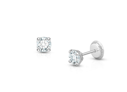 4mm CZ Round Studs, Baby/Children’s Earrings, Screw Back – 14K White Gold