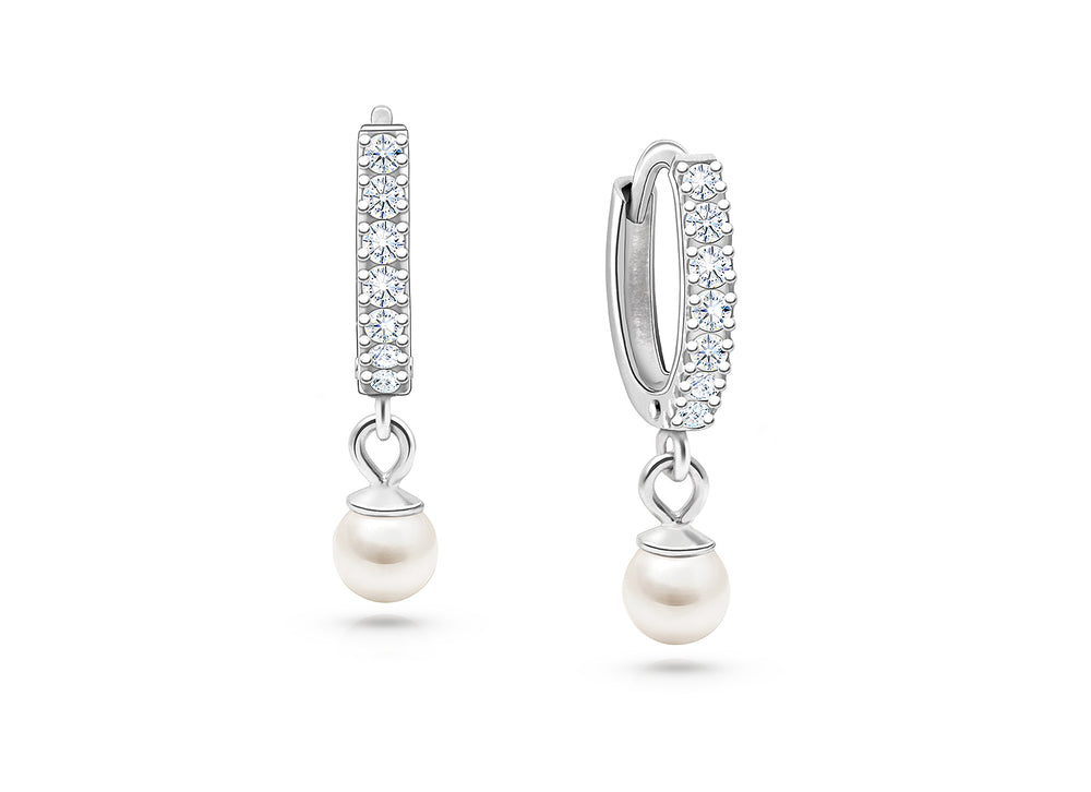 Timeless Pavé CZ 11mm Huggie Hoops with Pearl Dangle, First Holy Communion Children’s Earrings, – Sterling Silver
