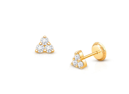 Tiny Trinity, Clear CZ Cluster Baby/Children’s Earrings, Screw Back – 14K Gold