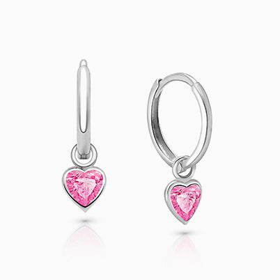 11mm Classic Huggie Hoops with Pink Heart Dangle, Teen’s Earrings – Sterling Silver