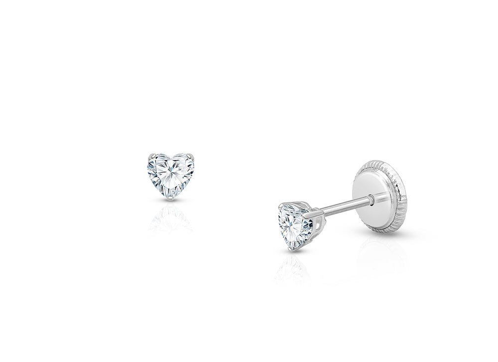 Teeny Tiny Heart Studs, 3mm Clear CZ Baby/Children’s Earrings, Screw Back – 14K White Gold