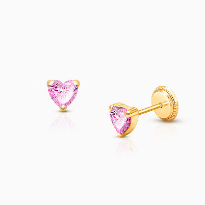 Heart Studs, 4mm Pink CZ Christening/Baptism Baby/Children’s Earrings, Screw Back – 14K Gold
