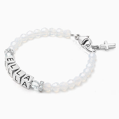 Crowned in Heaven, First Holy Communion Beaded Bracelet for Girls (INCLUDES Engraved Charm) – Sterling Silver