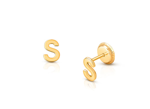 ‘S’ Initial Studs Personalized Baby/Children’s Earrings, Screw Back – 14K Gold