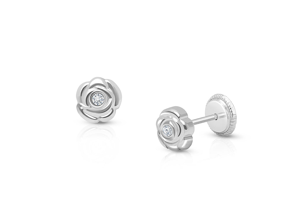 Blushing Rose, Clear CZ Studs Baby/Children’s Earrings, Screw Back – 14K White Gold