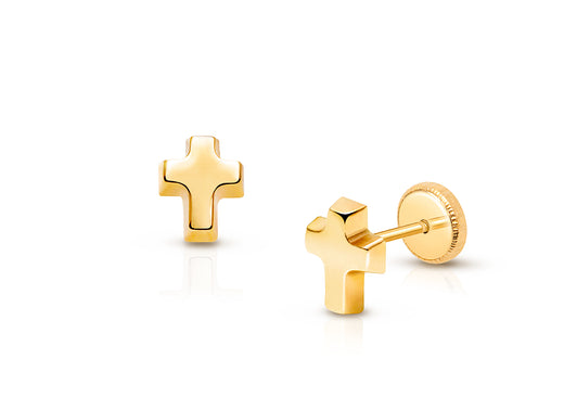 Simple Cross Earring, First Holy Communion Children’s Earrings, Screw Back – 14K Gold
