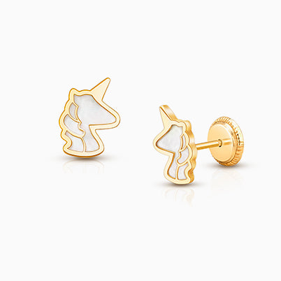 Genuine Magic, Mother of Pearl Unicorn Baby/Children’s Earrings, Screw Back – 14K Gold