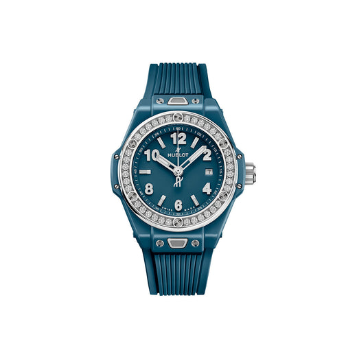 Unworn Big Bang One Click Petrol Blue Ceramic Diamonds 33, 485.ES.5171.RX.1204, box and papers