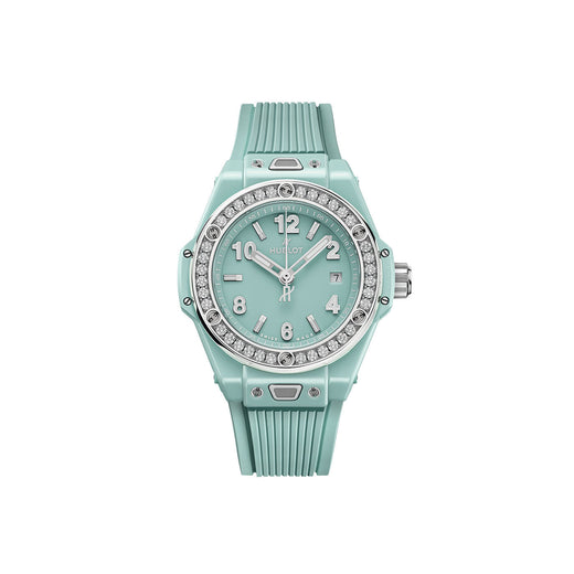 Unworn Big Bang One Click Mint Green Ceramic Diamonds 33, 485.GS.5271.RX.1204, box and papers