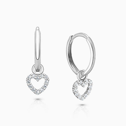 11mm Classic Huggie Hoops with Pavé Heart Dangle, Baby/Children’s Earrings – Sterling Silver