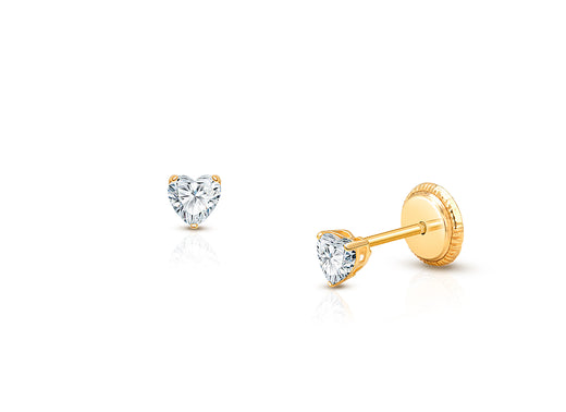 Teeny Tiny Heart Studs, 3mm Clear CZ Baby/Children’s Earrings, Screw Back – 14K Gold