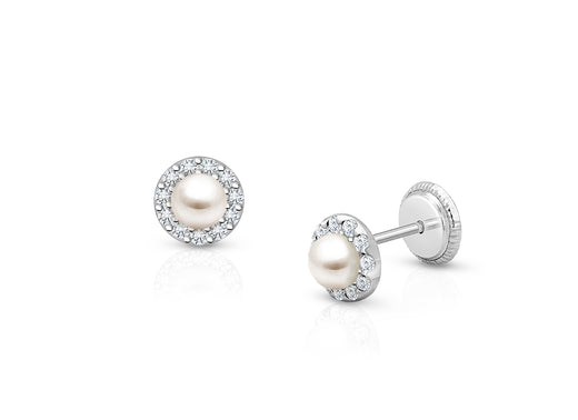 Pearl Halo, Clear CZ First Holy Communion Children’s Earrings, Screw Back – 14K White Gold
