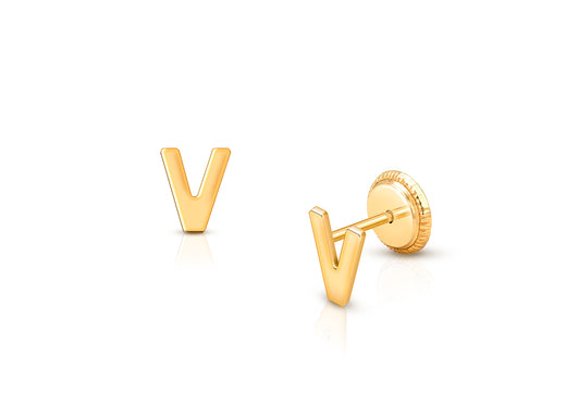 ‘V’ Initial Studs Personalized Baby/Children’s Earrings, Screw Back – 14K Gold