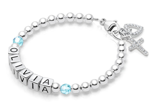 Tiny Blessings Birthstone, First Holy Communion Name Bracelet for Girls – Sterling Silver