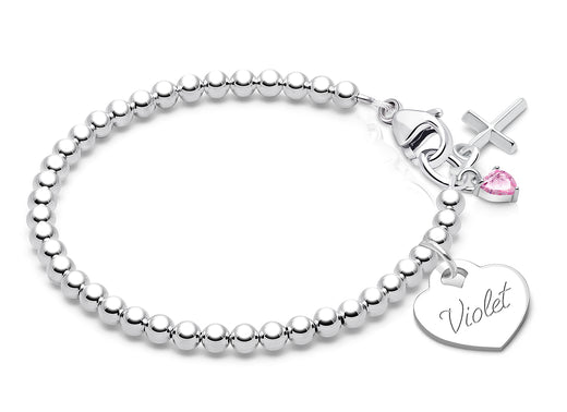 3mm Tiny Blessings Beads, Christening/Baptism Baby/Children’s Beaded Bracelet for Girls (INCLUDES Engraved Charm) – Sterling Silver