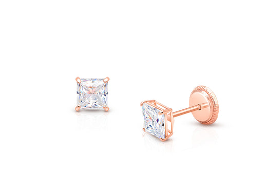 Princess Cut Studs, 4mm Clear CZ Studs, Mother’s Earrings, Screw Back – 14K Rose Gold