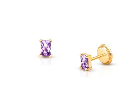 Radiant Cut Studs, 4mm Royal Purple CZ Teen’s Earrings, Screw Back – 14K Gold