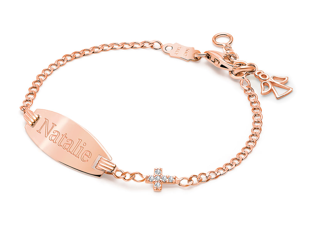 Pavé Cross, Christening/Baptism Baby/Children’s Engraved ID Bracelet for Girls – 14K Rose Gold