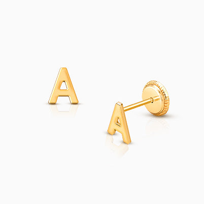Initial Studs (All 26 Letter Options) Personalized Baby/Children’s Earrings, Screw Back – 14K Gold