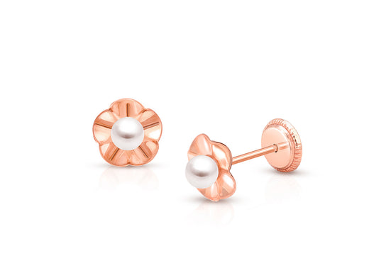 Ruffled Petals with Pearl, Teen’s Earrings, Screw Back – 14K Rose Gold