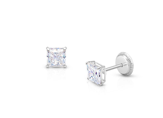 Princess Cut Studs, 4mm Clear CZ Studs, First Holy Communion Children’s Earrings, Screw Back – 14K White Gold