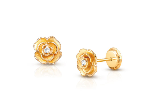 Rose Radiance, Clear CZ Stud, Baby/Children’s Earrings, Screw Back – 14K Gold