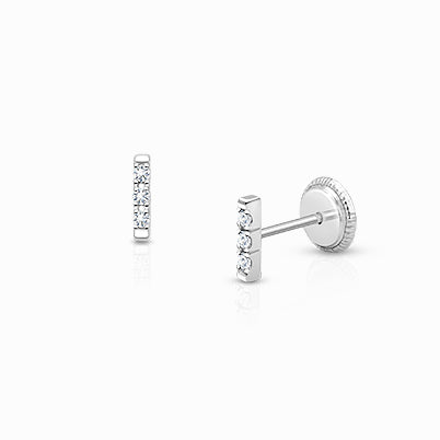 Simple Cross Dangle, Clear CZ Baby/Children’s Earrings, Screw Back – 14K White Gold