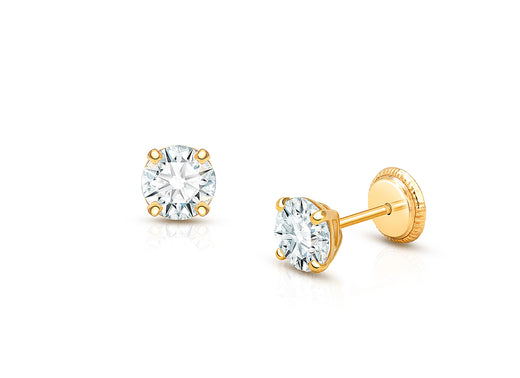 5mm CZ Round Studs, Mother’s Earrings, Screw Back – 14K Gold