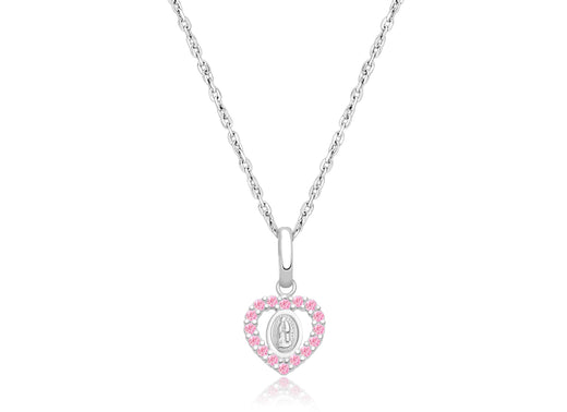 Virgin Mary, Pink CZ Heart Communion Children’s Necklace for Girls – 14K White Gold