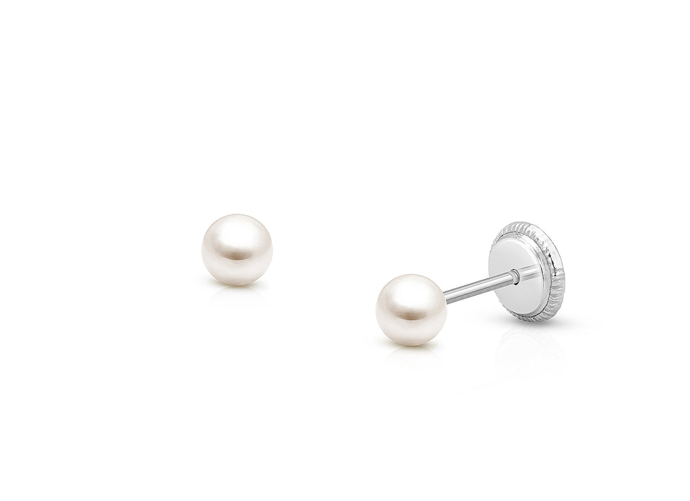 3mm Pearl Studs, Baby/Children’s Earrings, Screw Back – 14K White Gold