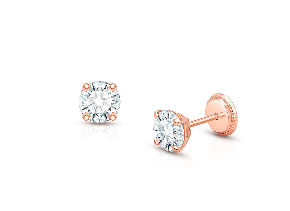 5mm CZ Round Studs, Christening/Baptism Baby/Children’s Earrings, Screw Back – 14K Rose Gold