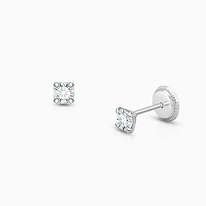 Teeny Tiny Heart Studs, 3mm Clear CZ Baby/Children’s Earrings, Screw Back – 14K White Gold