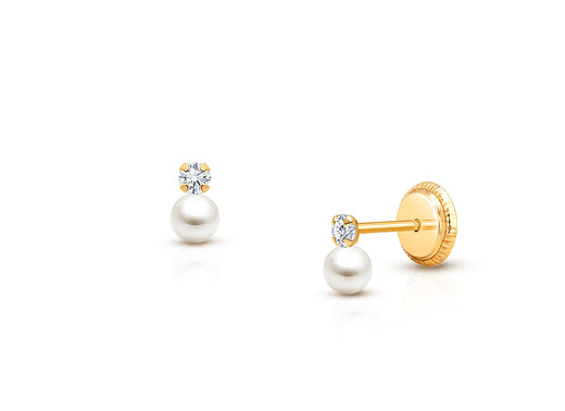 3mm Pearl Drop, Clear CZ Christening/Baptism Baby/Children’s Earrings, Screw Back – 14K Gold