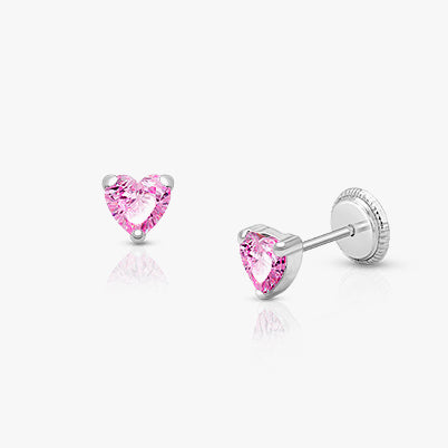 True Love, Pink CZ Heart Baby/Children’s Huggie Hoop Earrings – 14K White Gold