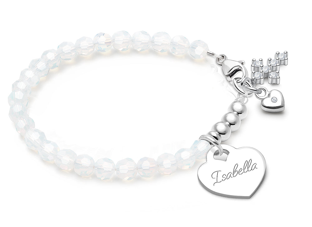 tB® Signature Crystal™ White Opal, First Holy Communion Beaded Bracelet for Girls (INCLUDES Engraved Charm) – Sterling Silver