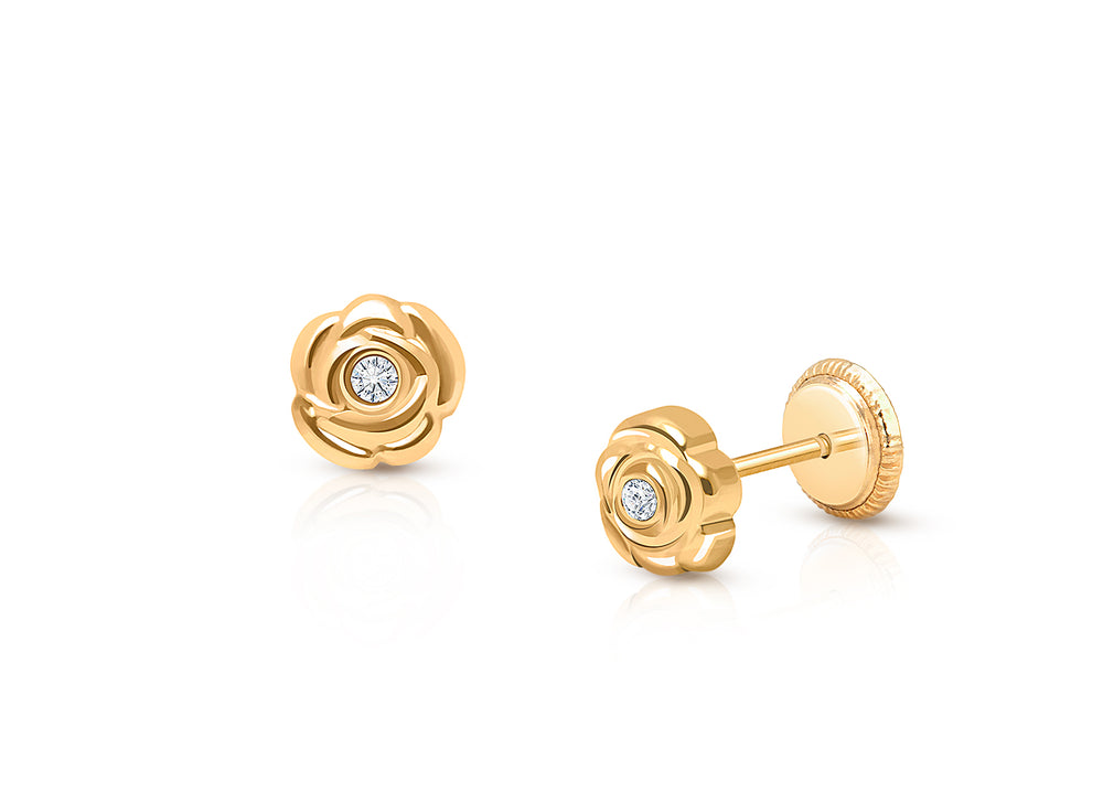 Blushing Rose, Clear CZ Studs Baby/Children’s Earrings, Screw Back – 14K Gold