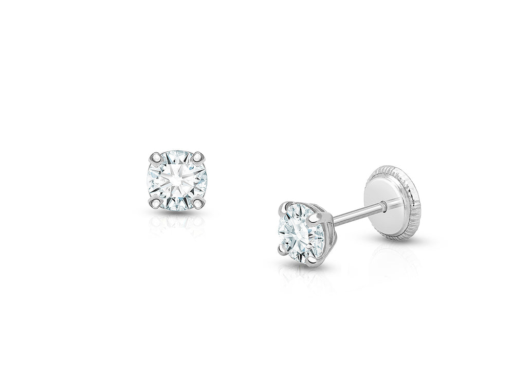 4mm CZ Round Studs, Christening/Baptism Baby/Children’s Earrings, Screw Back – 14K White Gold