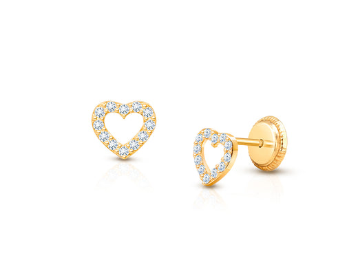 Love of Mine, Clear Pavé CZ Heart, Christening/Baptism Baby/Children’s Earrings, Screw Back – 14K Gold