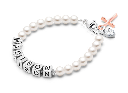 4mm Cultured Pearls, First Holy Communion Name Bracelet for Girls – Sterling Silver