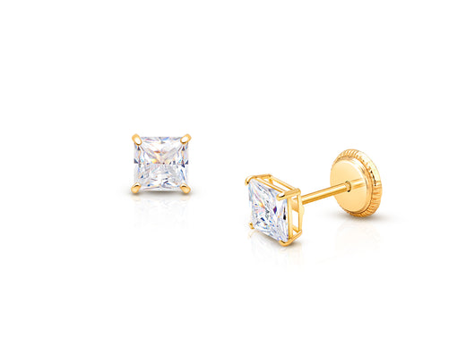 Princess Cut Studs, 4mm Clear CZ Studs, Teen’s Earrings, Screw Back – 14K Gold