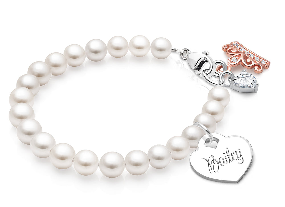 5mm Cultured Pearls, Baby/Children’s Beaded Bracelet for Girls (INCLUDES Engraved Charm) – Sterling Silver