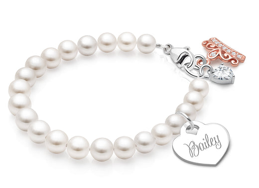 5mm Cultured Pearls, Baby/Children’s Beaded Bracelet for Girls (INCLUDES Engraved Charm) – Sterling Silver