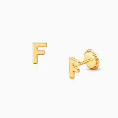 ‘F’ Initial Studs Personalized Baby/Children’s Earrings, Screw Back – 14K Gold