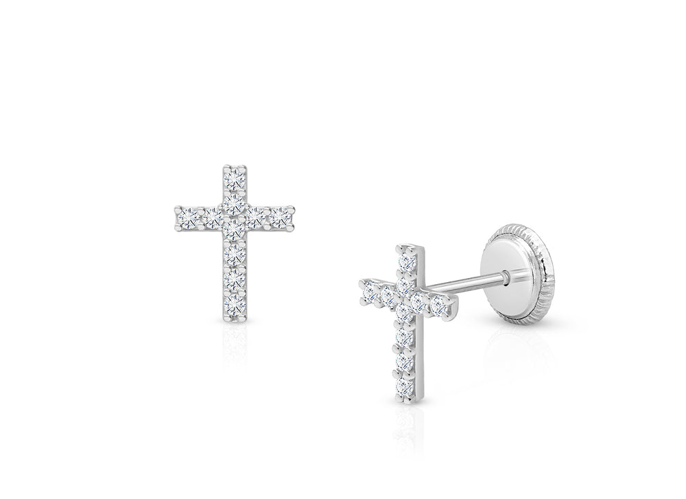 Miraculous Cross, Clear CZ Teen’s Earrings, Screw Back – 14K White Gold