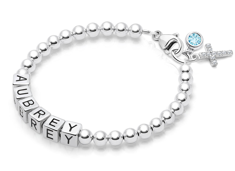 4mm Tiny Blessings Beads, Christening/Baptism Baby/Children’s Name Bracelet for Girls – Sterling Silver