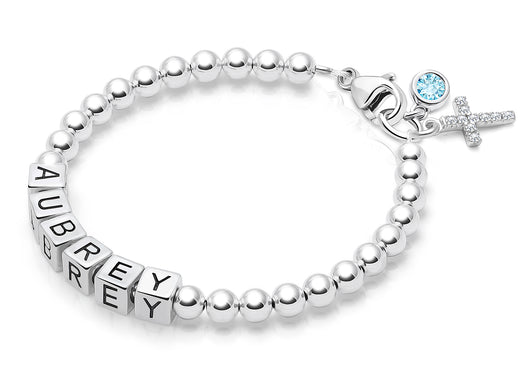 4mm Tiny Blessings Beads, Christening/Baptism Baby/Children’s Name Bracelet for Girls – Sterling Silver