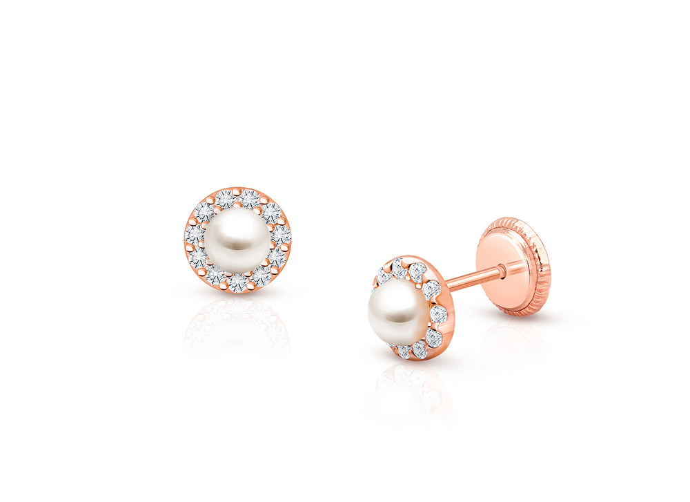 Pearl Halo, Clear CZ Baby/Children’s Earrings, Screw Back – 14K Rose Gold